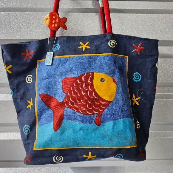 Sun and Sand Fish Large Tote Bag Novelty Nautical Beach Bag Purse Colorful - Picture 2 of 16
